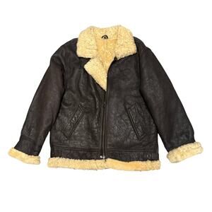 Vintage Sheepskin Shearling Leather Aviator Jacket Dark Chocolate Brown Men 2X